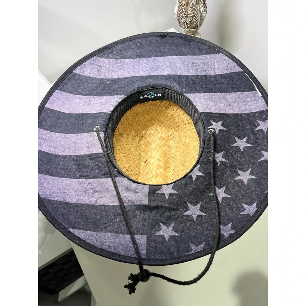 SA Co Straw Sun Hat Mens Wide Brim Lifeguard Fishing American Flag Grey Black